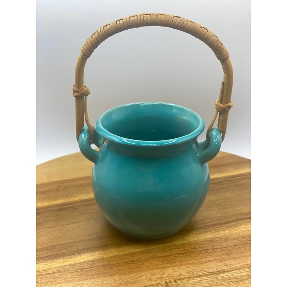 Vintage Stamped Handmade Swedish Teal Glazed Small Clay Pot with Wicker Handle - Picture 7 of 9